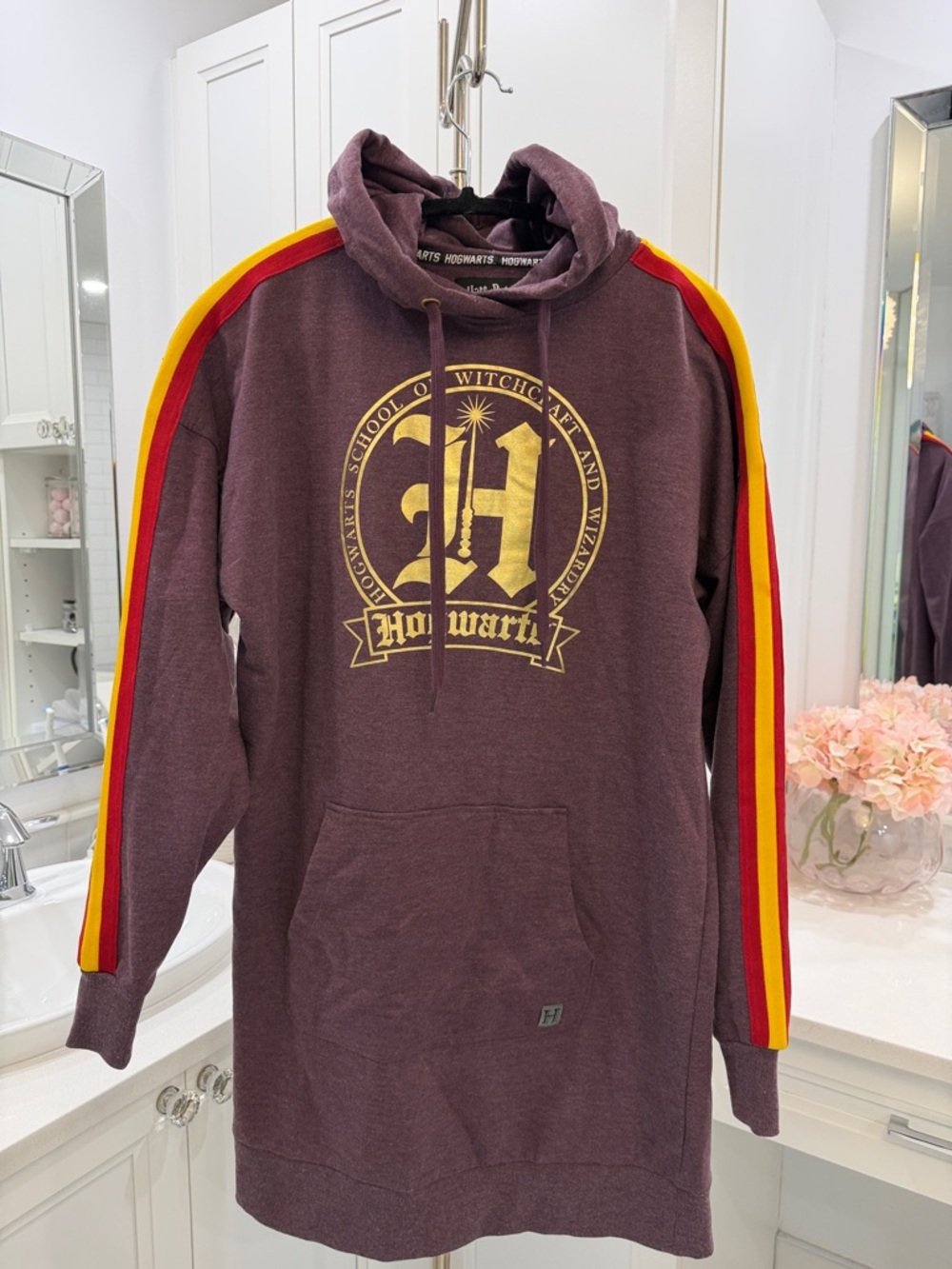 Hogwarts Maroon Crewneck Dress with Gold Crest and Stripe Sleeves